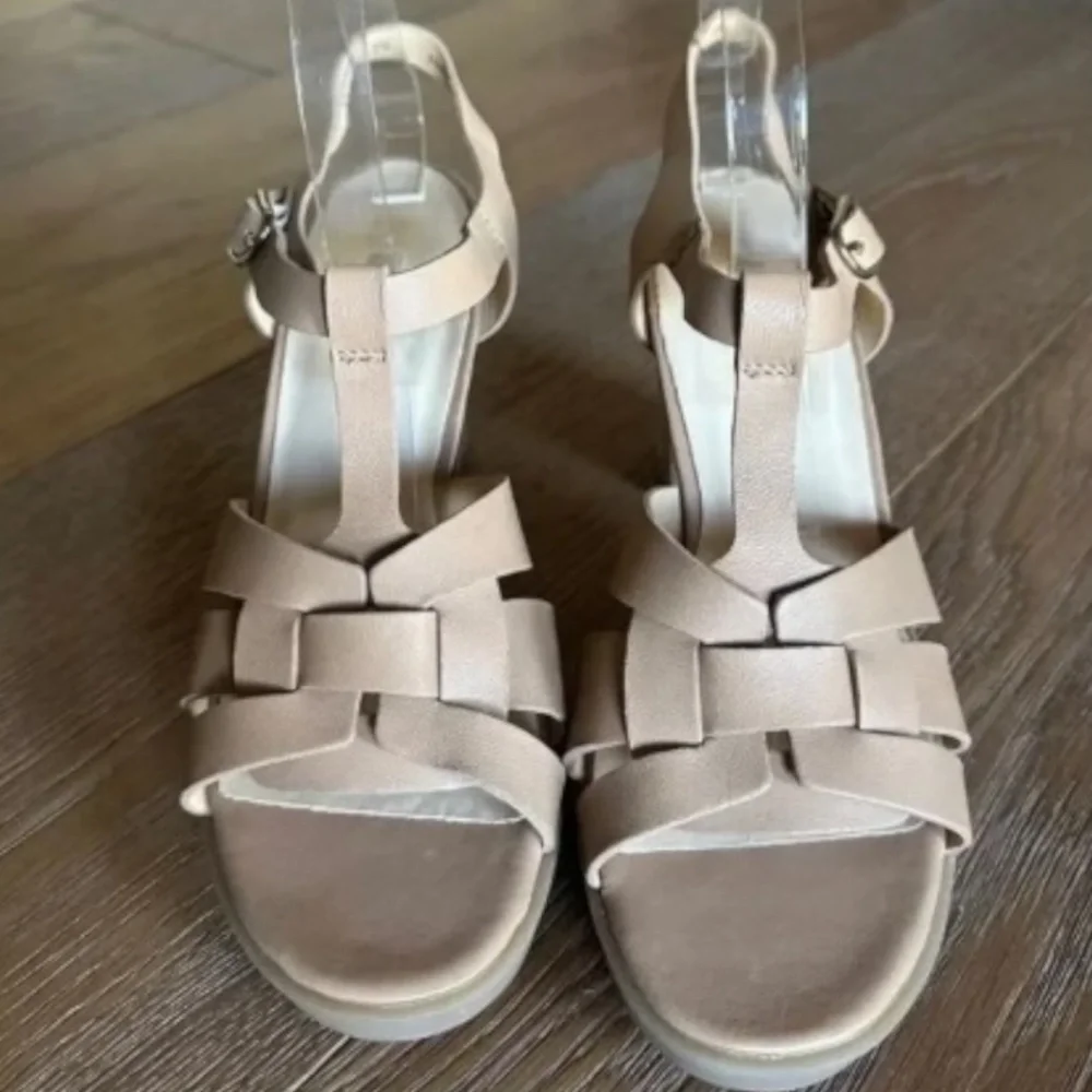 PAUL GREEN Raven Platform Sandals Desert Light Nappa Leather Block Heel NWOB